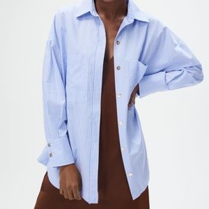 Zara Blue White Stripe Top 3/4 Sleeve With Gold Oversized Button Down Size XS